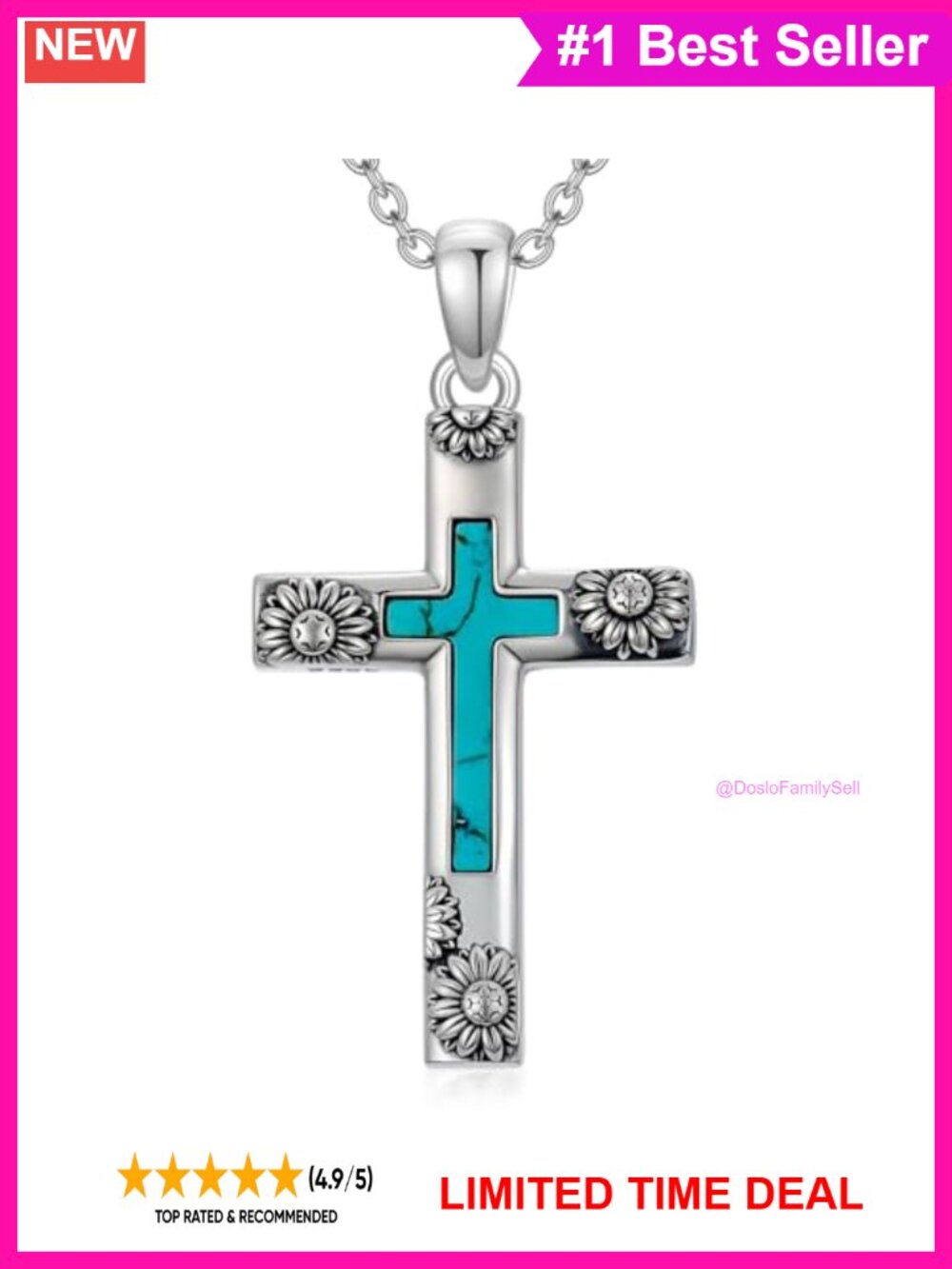 925 Sterling Silver Turquoise Cross Pendant Necklace Western Gift